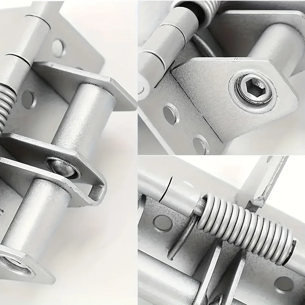 Détails en gros plan de la charnière argentée, montrant le ressort et la vis