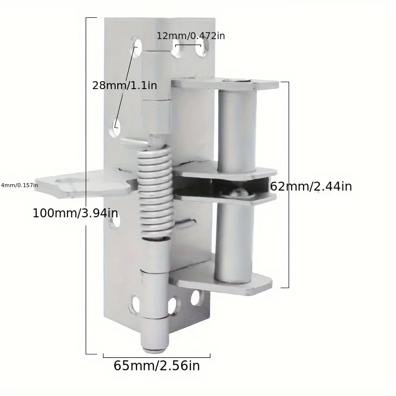 Dimensions de la charnière argentée : 100mm de haut, 65mm de large