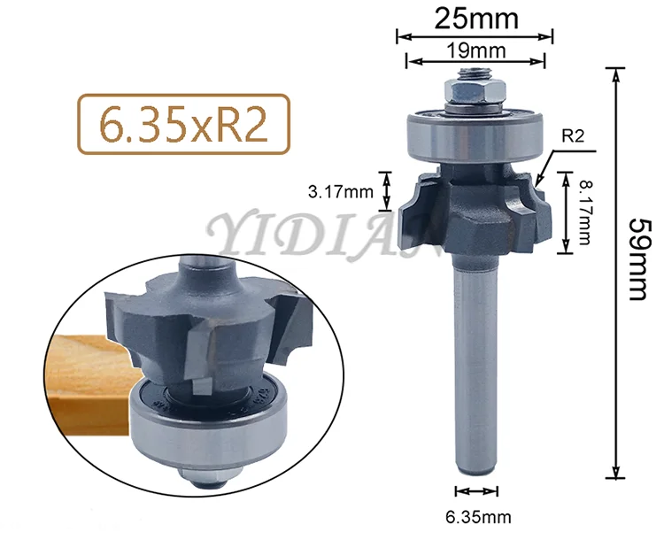 Schéma de dimension de la fraise à arrondir 6.35xR2