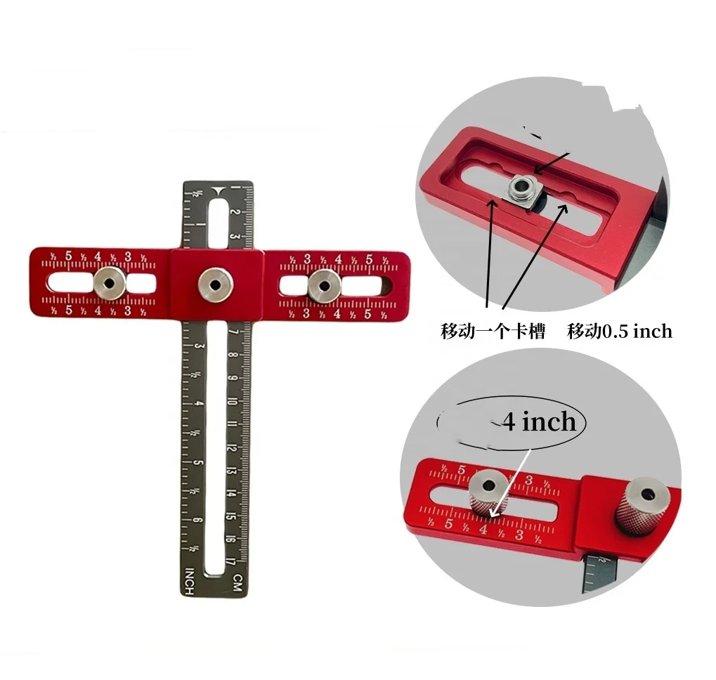 Gabarit de Perçage Réglable et Poinçon de Menuiserie pour Poignées et Boutons de Porte, Tiroir, et Armoire - Guide de Précision en Alliage d'Aluminium (CM/Pouces) - Photo