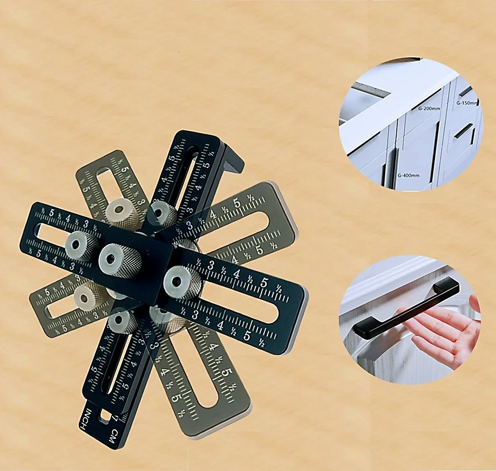 Gabarit de Perçage Réglable et Poinçon de Menuiserie pour Poignées et Boutons de Porte, Tiroir, et Armoire - Guide de Précision en Alliage d'Aluminium (CM/Pouces) - Photo